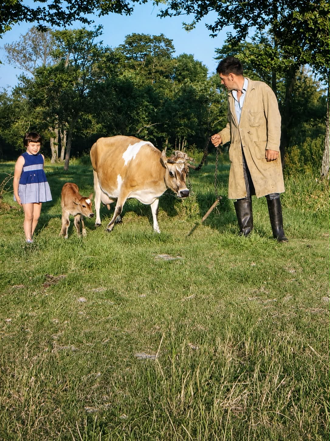 Jo's sister and father beside a horned Jersey cow and her calf at L'Hermitage Farm
